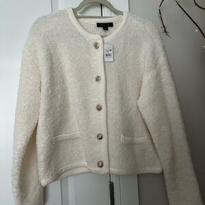 NWT!! Ann Taylor Cream Teddy Jacket Fuzzy Cropped size Large